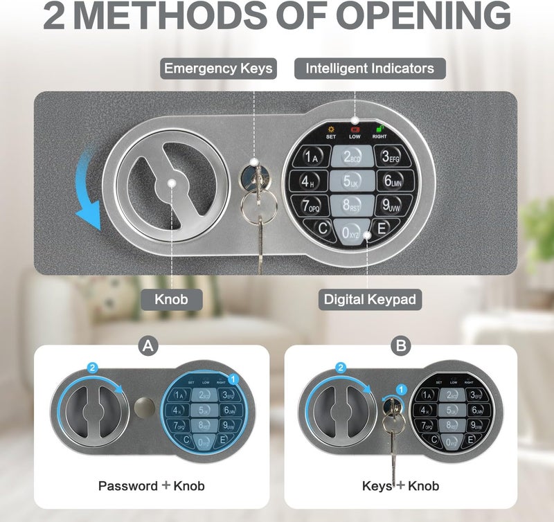 Locksworth 0.23 Cubic Feet Safe Box, Small Safe W/Fireproof Bag, Keys & Pass Code, Digital Electronic Security Money Box for Cash, Document, Home, Office, Hotel Use, Grey, 6.69"D x 9.06"W x 6.69"H - Image 4